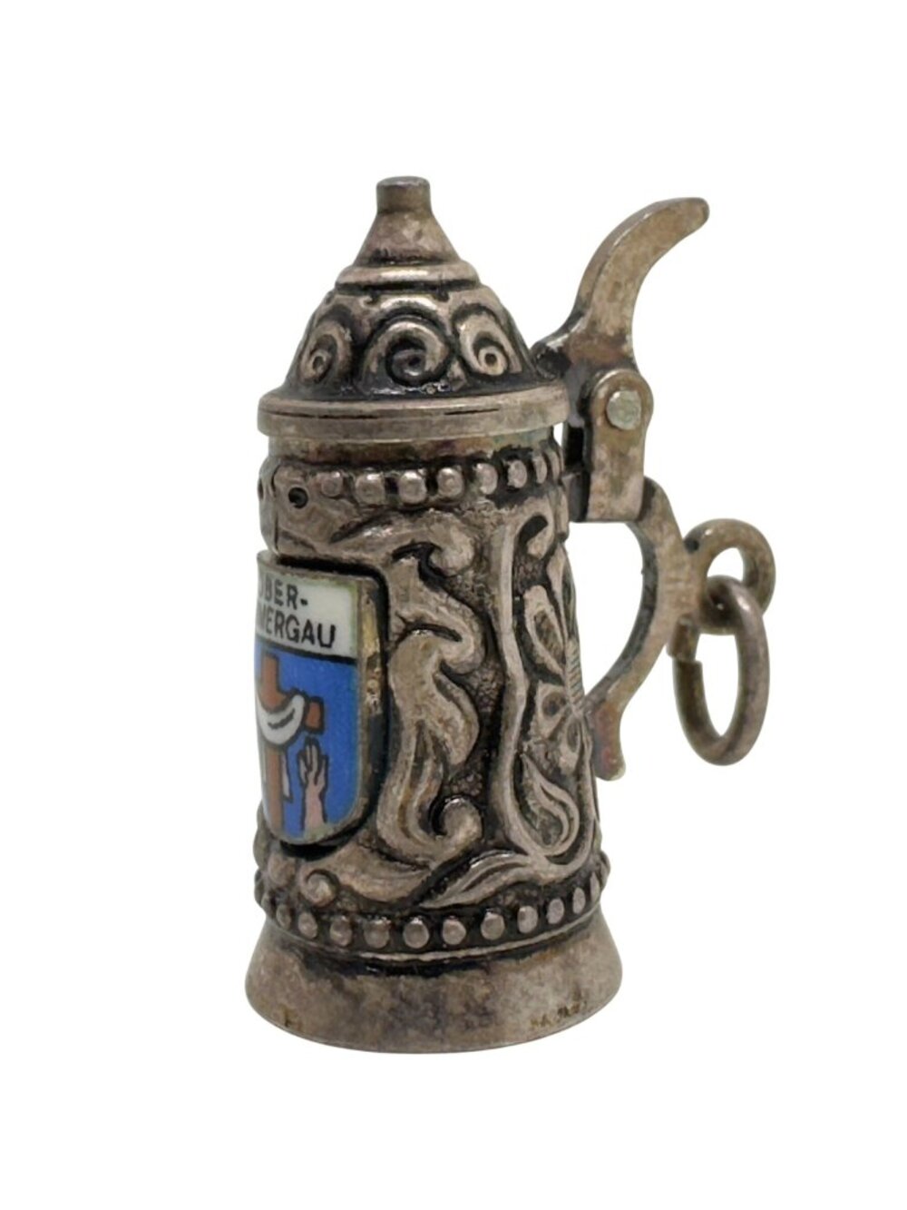 German 800 Silver Miniature Beer Stein Charm Movable Lid Blue Enamel Crest Vtg
